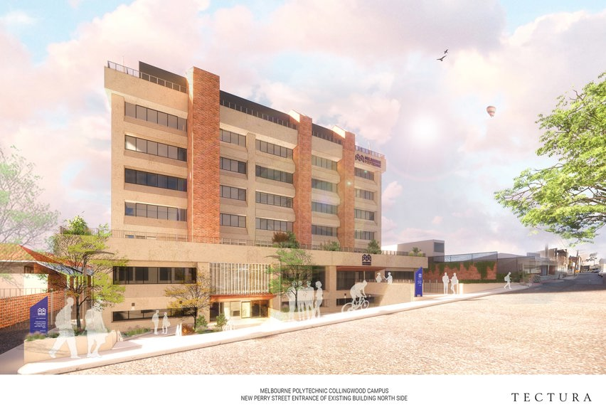 Artist impression, street view of the Collingwood Campus transformation from Perry St