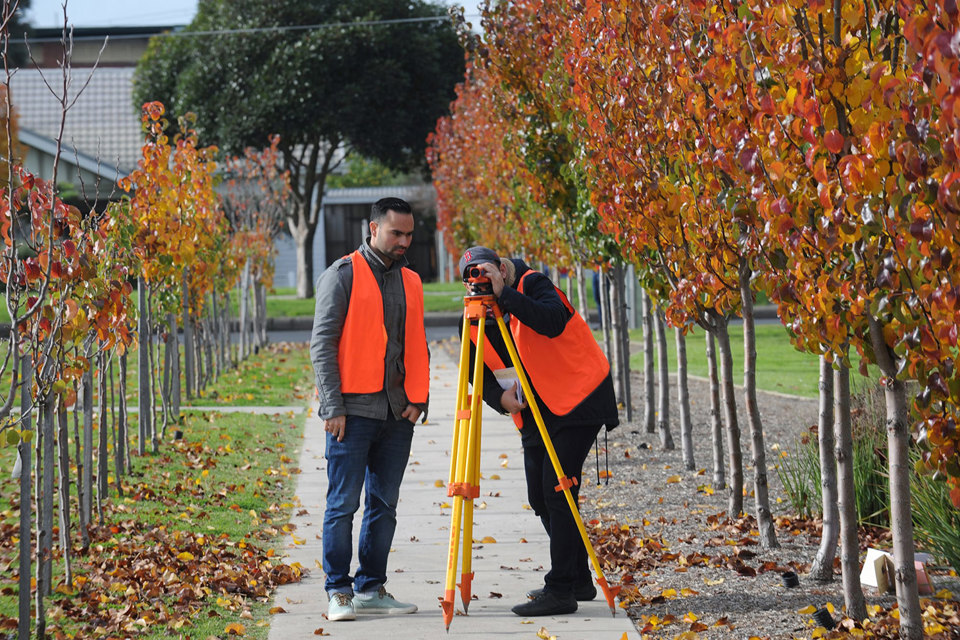 Building Surveying and Construction students with laser survey level tripod