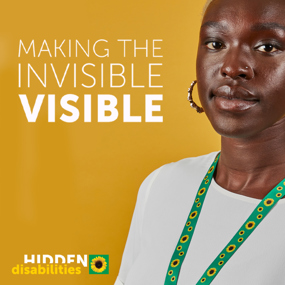 A student wearing a sunflower lanyard symbolises Hidden Disabilities, with the slogan 'Making the Invisible Visible'.