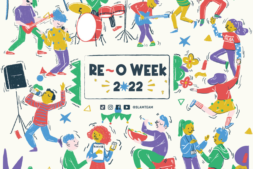 Re-O Week 2022 graphic has a cream background and bright colour characters interacting with different activities 