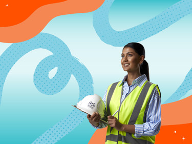 A confident woman in a hi-vis vest holding a white hard hat, with a bright and abstract blue and orange background, representing engineering or construction themes.
