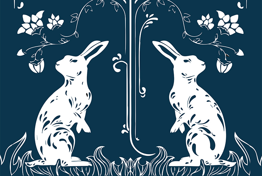 Stylised illustration of two rabbits standing on grass, symmetrically flanking a decorative plant with flowers, all in white against a dark blue background, reminiscent of a classic, elegant book illustration or event flyer design.