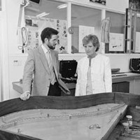 1980's Black and White photo of Hazel Hawke (AO), former late wife of Prime Minister Bob Hawke, taking a tour around campus.