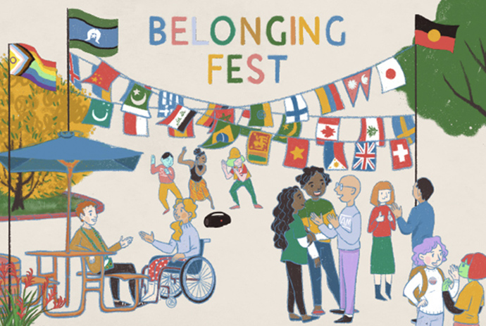 Square Belonging Fest graphic with a cream background with a brown hair person standing under world flag bunting and a flag pole with Progress Pride flag, Aboriginal flag and Torres Stait Island flags, Including illustrations of sunflowers and red kangaroo paw in the bottom.
