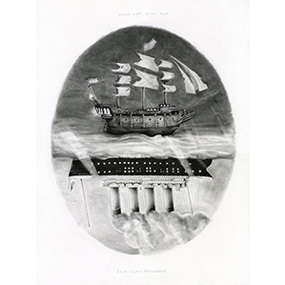 Black and white illustration of a sailing ship on the ocean above a reverse image of a steam boat on the bottom half of the canvas. It says "the long way home" and "sail until doomsday". 