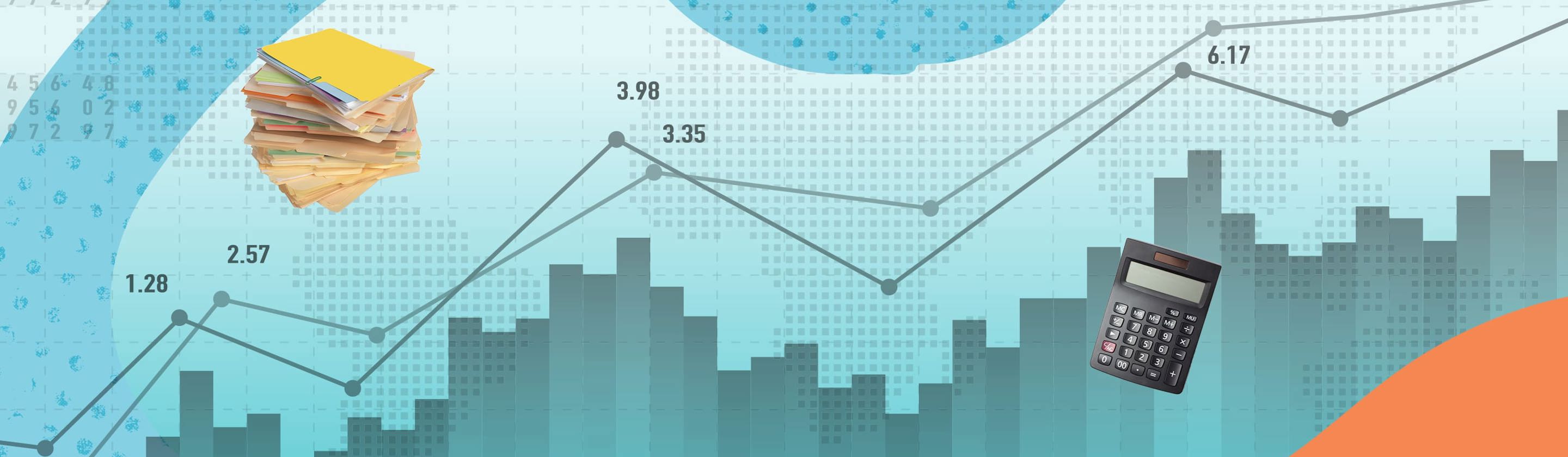 overlaid images of calculator, pie chart, trendline, and folders.