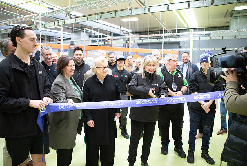 Minister for Training and Skills and the Minister for Higher Education, the Hon Gayle Tierney MP cuts the ribbon for the Advanced Manufacturing Centre of Excellence at Melbourne Polytechnic's Heidelberg campus