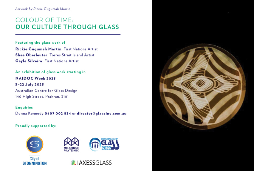 Event Flyer - 'Colour of Time: Our Culture Through Glass.' Featuring a circular artwork adorned with dark brown woody stripes and a central line-art representation of an eagle.