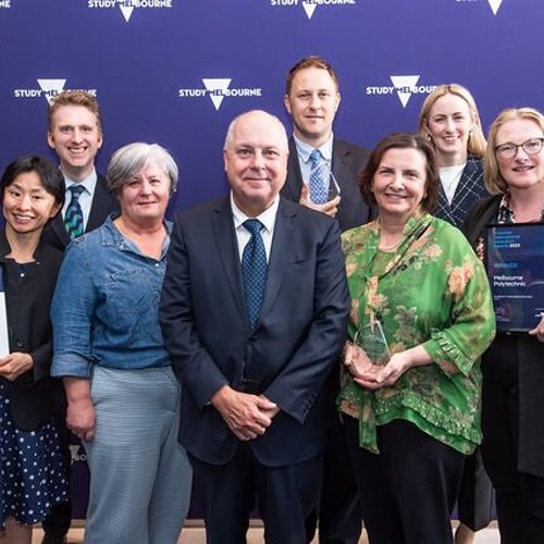 The Melbourne Polytechnic team pose for a photo with the Hon. Tim Pallas, MP, at the 2023 Victorian International Education Awards.
