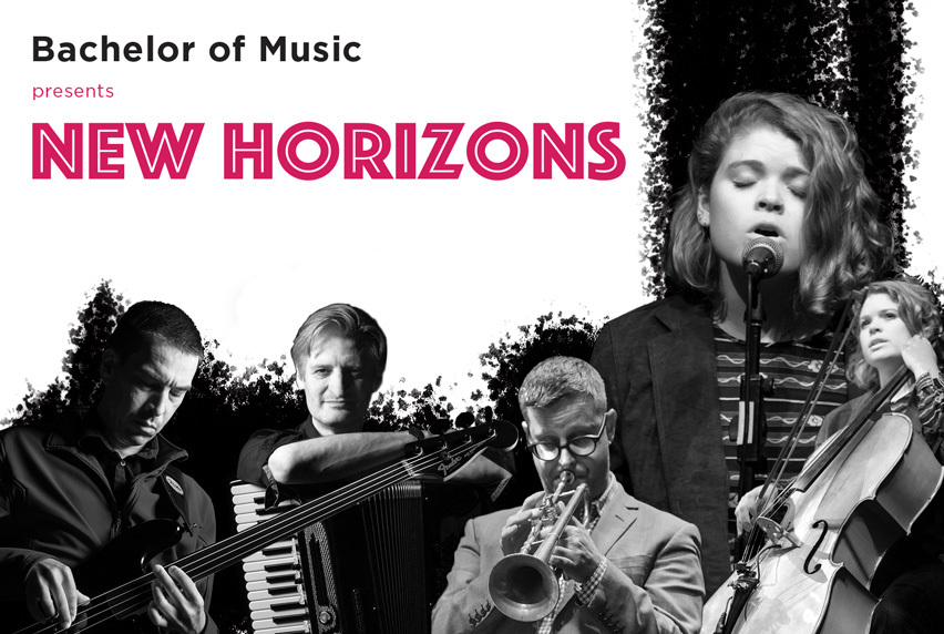 New Horizons Event, image of a bassist, accordionist, trumpeter, vocalist, and cellist in black and white.