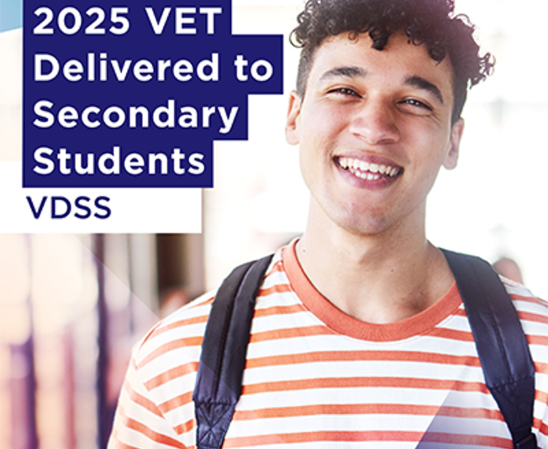 Smiling young man wearing an orange and white striped t-shirt and backpack, with text overlay: '2025 VET Delivered to Secondary Students VDSS'.